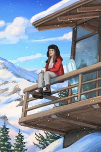 Preview wallpaper girl, coffee, mountains, snow, winter, art