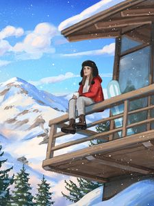 Preview wallpaper girl, coffee, mountains, snow, winter, art