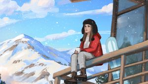 Preview wallpaper girl, coffee, mountains, snow, winter, art