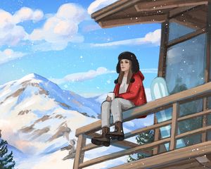 Preview wallpaper girl, coffee, mountains, snow, winter, art