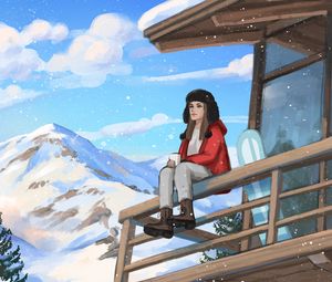 Preview wallpaper girl, coffee, mountains, snow, winter, art