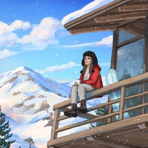 Preview wallpaper girl, coffee, mountains, snow, winter, art