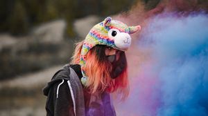 Preview wallpaper girl, colored smoke, respirator, smoke, hat