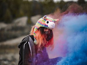 Preview wallpaper girl, colored smoke, respirator, smoke, hat