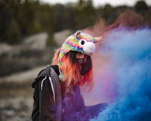 Preview wallpaper girl, colored smoke, respirator, smoke, hat