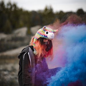 Preview wallpaper girl, colored smoke, respirator, smoke, hat