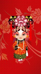 Preview wallpaper girl, costume, background, pattern, beijing opera