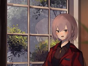 Preview wallpaper girl, costume, window, reflection, anime