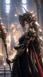 Preview wallpaper girl, crown, jewelry, armor, staff, anime