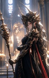 Preview wallpaper girl, crown, jewelry, armor, staff, anime