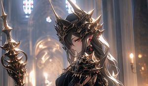 Preview wallpaper girl, crown, jewelry, armor, staff, anime