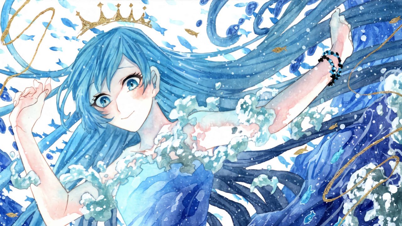 Wallpaper girl, crown, princess, watercolor, waves, anime