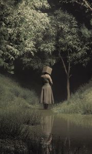 Preview wallpaper girl, cube, trees, stream, art