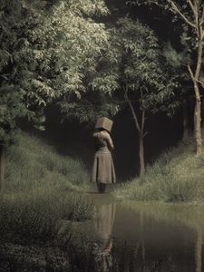 Preview wallpaper girl, cube, trees, stream, art