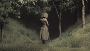 Preview wallpaper girl, cube, trees, stream, art