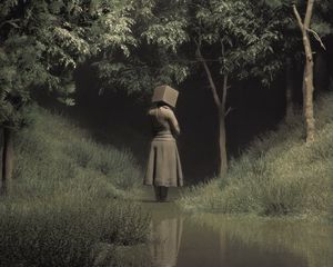 Preview wallpaper girl, cube, trees, stream, art