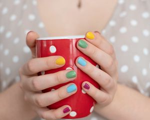 Preview wallpaper girl, cup, hands, dot