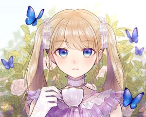 Preview wallpaper girl, cup, tea, anime, art, cartoon