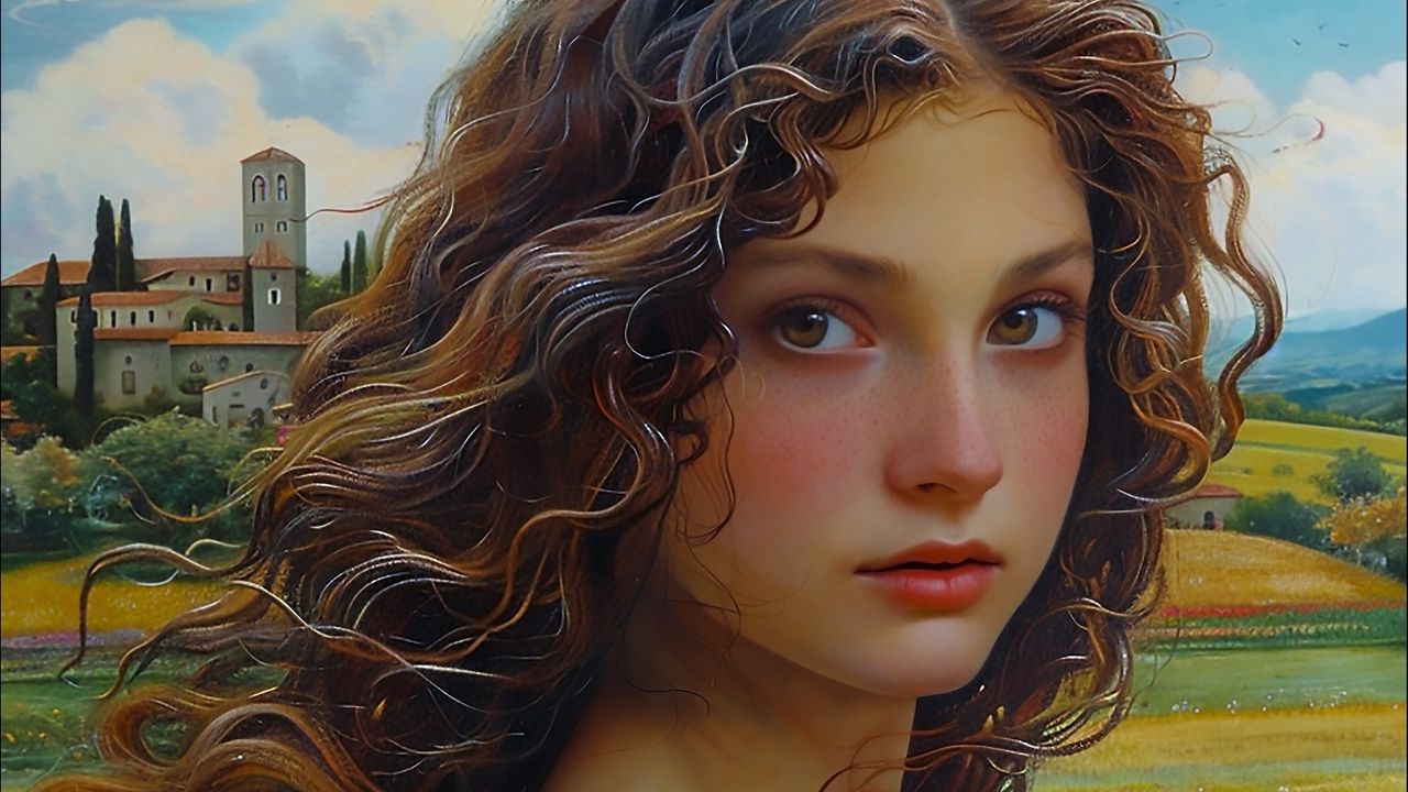 Wallpaper girl, curls, portrait, flowers, field, art