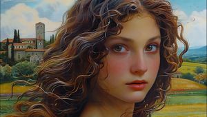 Preview wallpaper girl, curls, portrait, flowers, field, art