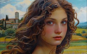 Preview wallpaper girl, curls, portrait, flowers, field, art
