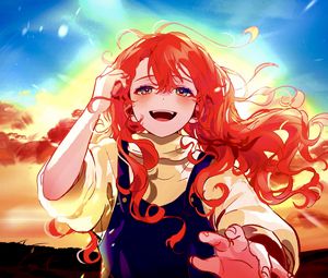 Preview wallpaper girl, curls, smile, sunset, anime, art, bright