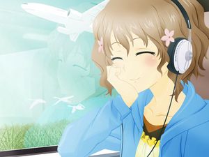 Preview wallpaper girl, cute, smile, plane, bird, headphones, music