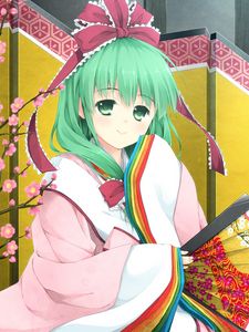 Preview wallpaper girl, cute, smile, kimono, fan, sakura