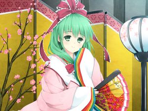 Preview wallpaper girl, cute, smile, kimono, fan, sakura