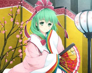 Preview wallpaper girl, cute, smile, kimono, fan, sakura