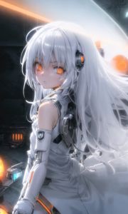 Preview wallpaper girl, cyborg, hair, eyes, headphones, light, anime