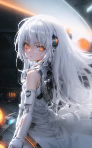 Preview wallpaper girl, cyborg, hair, eyes, headphones, light, anime