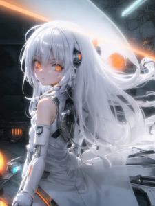 Preview wallpaper girl, cyborg, hair, eyes, headphones, light, anime