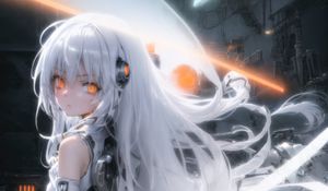 Preview wallpaper girl, cyborg, hair, eyes, headphones, light, anime