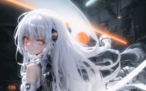 Preview wallpaper girl, cyborg, hair, eyes, headphones, light, anime