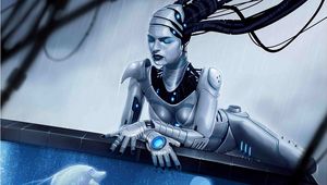 Preview wallpaper girl, cyborg, mechanism, aquarium, fish