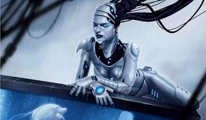 Preview wallpaper girl, cyborg, mechanism, aquarium, fish