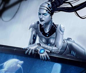 Preview wallpaper girl, cyborg, mechanism, aquarium, fish