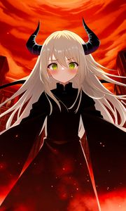 Preview wallpaper girl, daemon, blush, horns, anime