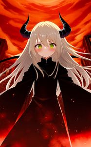 Preview wallpaper girl, daemon, blush, horns, anime