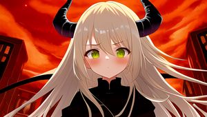 Preview wallpaper girl, daemon, blush, horns, anime