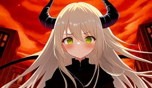 Preview wallpaper girl, daemon, blush, horns, anime