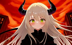 Preview wallpaper girl, daemon, blush, horns, anime