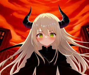 Preview wallpaper girl, daemon, blush, horns, anime