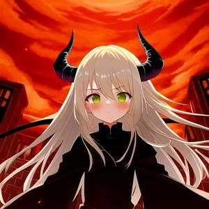 Preview wallpaper girl, daemon, blush, horns, anime