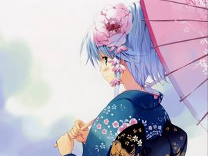 Preview wallpaper girl, decoration, flower, umbrella, kimono