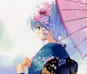 Preview wallpaper girl, decoration, flower, umbrella, kimono