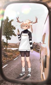 Preview wallpaper girl, deer, horns, road, mirror, anime