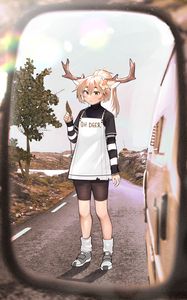 Preview wallpaper girl, deer, horns, road, mirror, anime