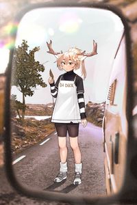 Preview wallpaper girl, deer, horns, road, mirror, anime